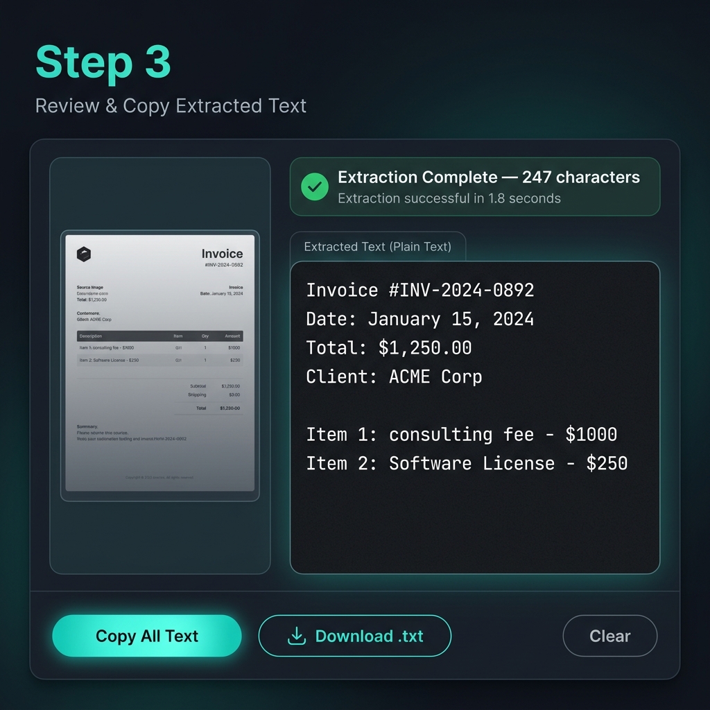 Image to Text Step 3 — Copy or download the extracted text