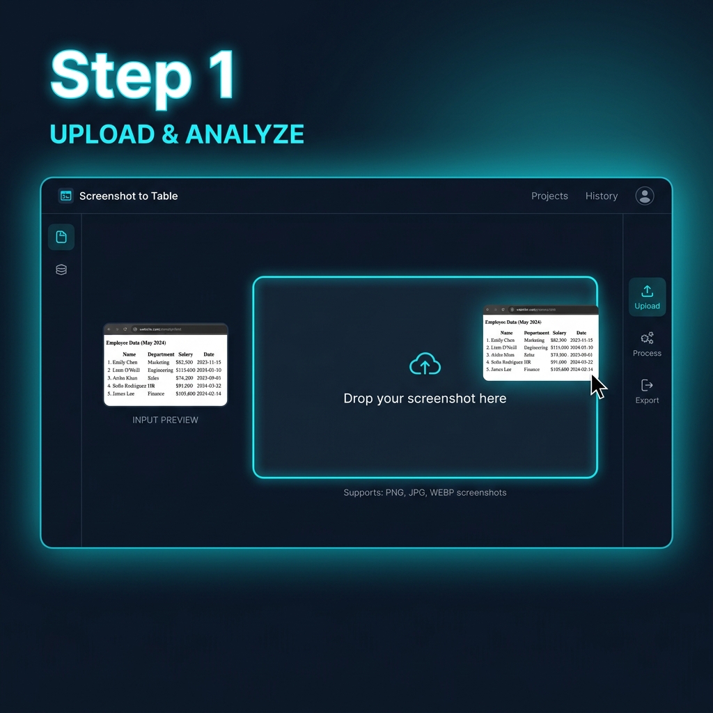 Screenshot to Table Step 1 — Upload a screenshot containing table data