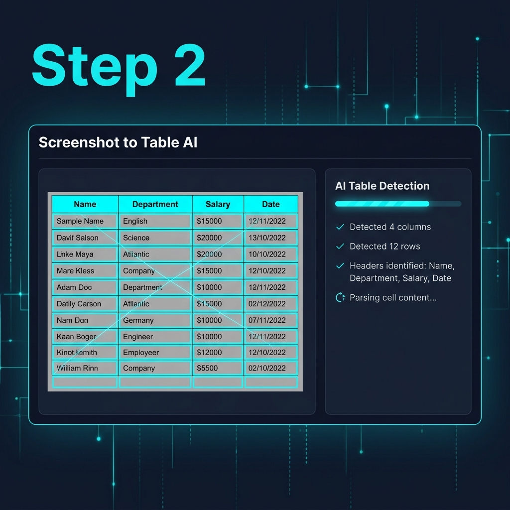 Screenshot to Table Step 2 — AI detects rows, columns, and headers