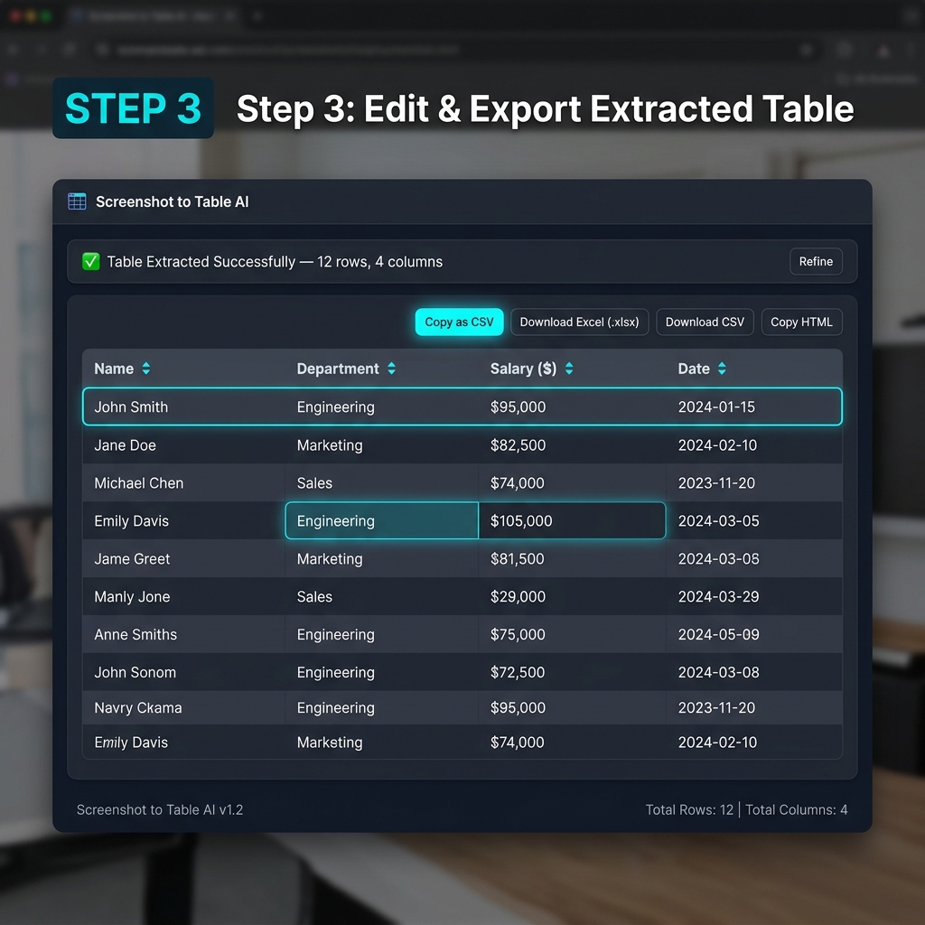 Screenshot to Table Step 3 — Download as CSV or Excel, copy as HTML