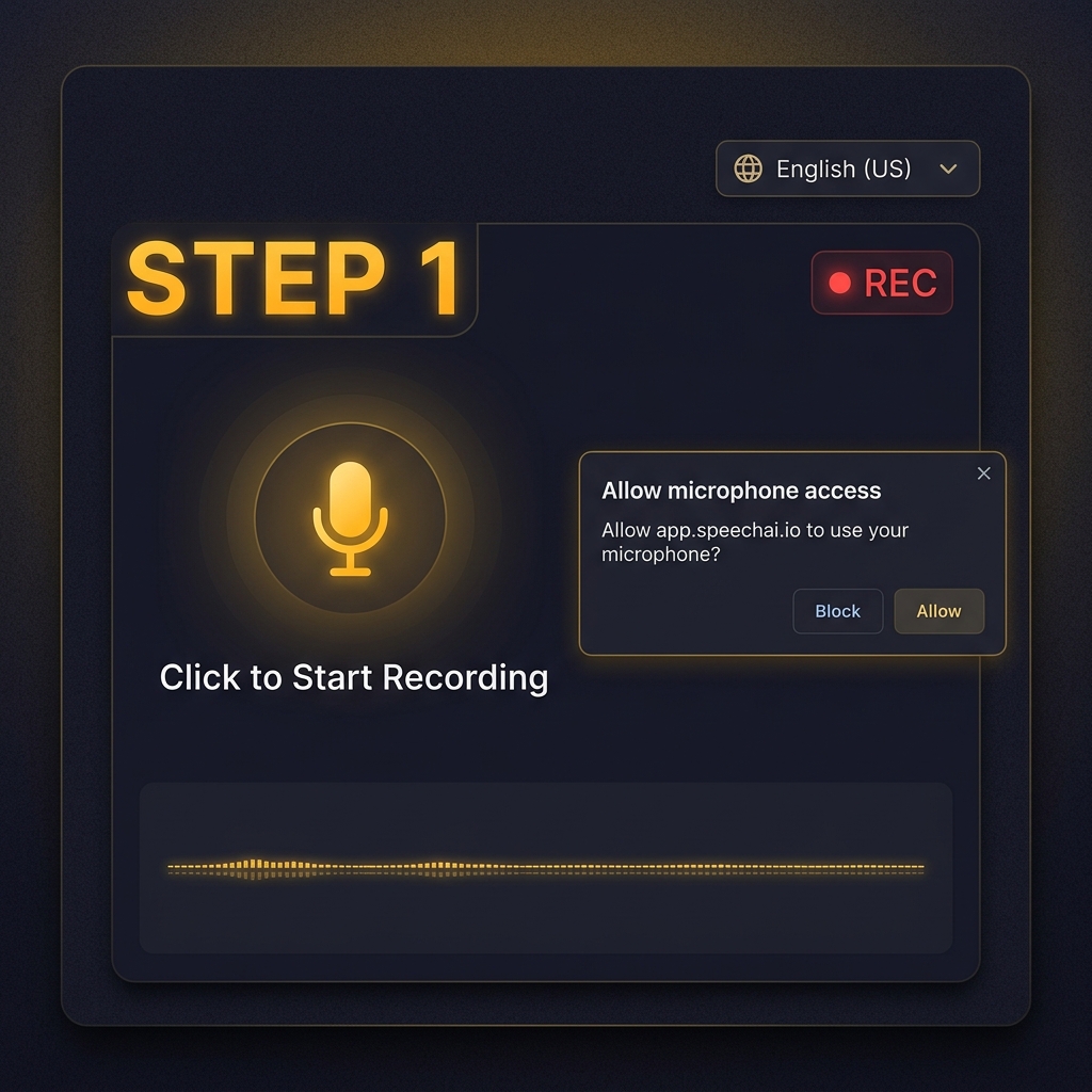 Speech to Text Step 1 — Grant microphone access and select language