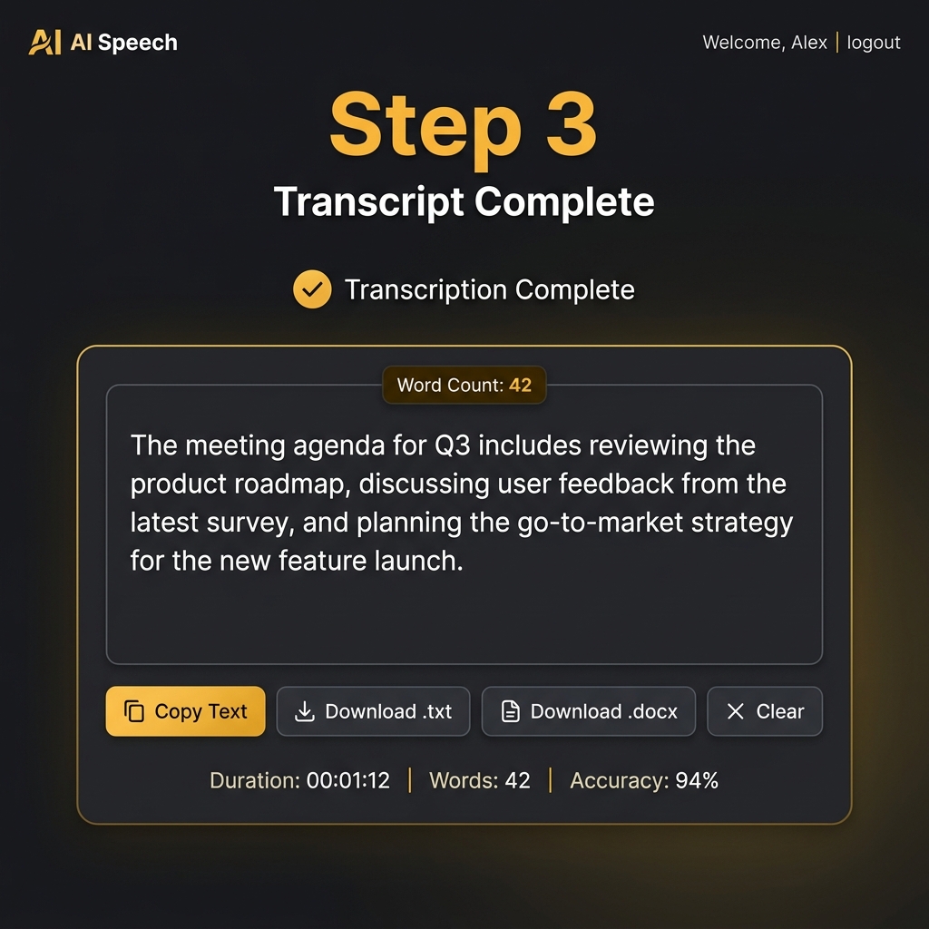 Speech to Text Step 3 — Copy, download, or export your transcript