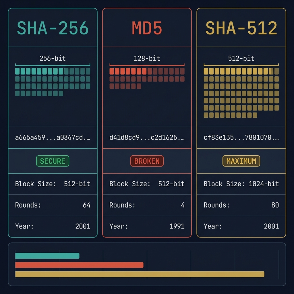 SHA-256 vs MD5 vs SHA-512 — Technical comparison of bit depth, security status, sample digests and performance